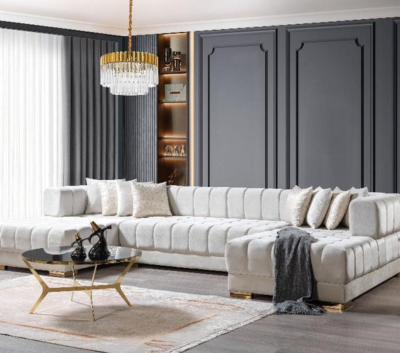 Experience elegance with the Ariana Ivory Velvet Double Chaise Sectional. Plush velvet, U-shape design & 8 pillows for ultimate style & comfort. Shop now!