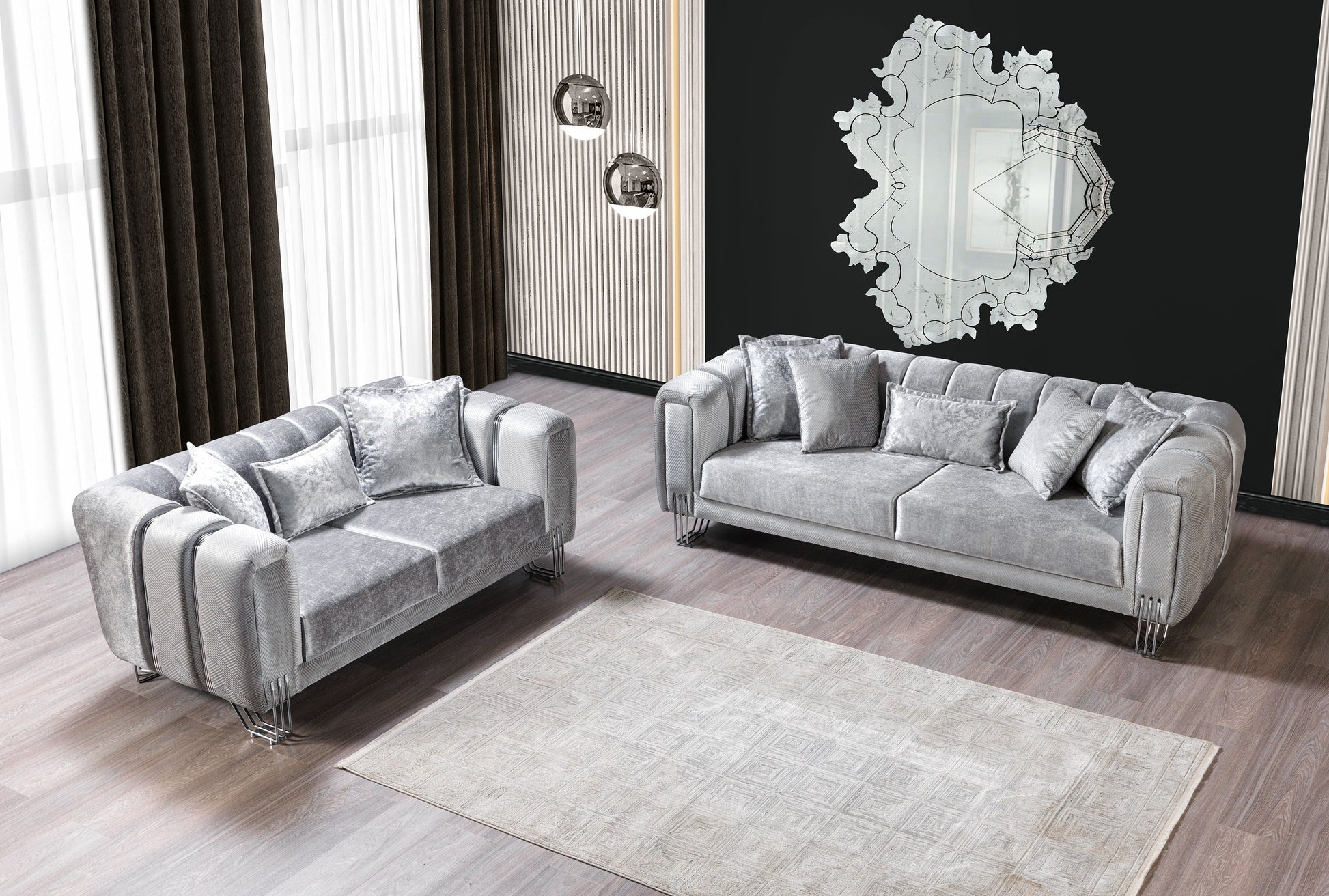 Santana Silver Velvet Sofa 89" & Loveseat 69"