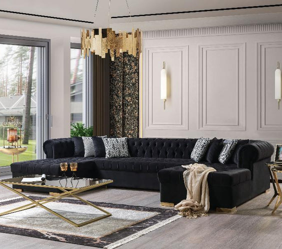 Elevate your living room with the Lauren Black Velvet Sectional. U-shaped with double chaises, tufted design, 8 pillows, and plush velvet for timeless elegance.