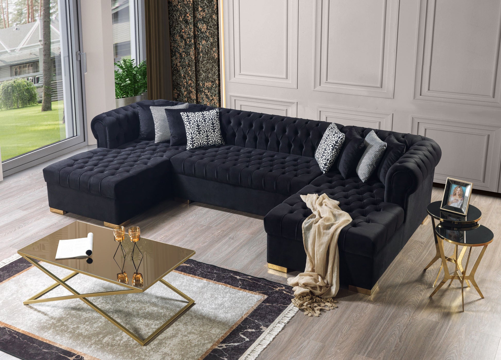 Lauren Black Velvet Double Chaise 136" Sectional