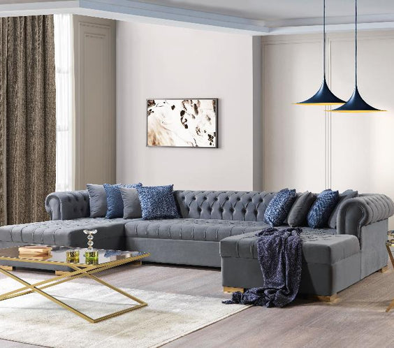 Experience luxury with the Lauren Gray Velvet Double Chaise Sectional. Stylish, cozy, and crafted for elegance. Shop now for timeless comfort!