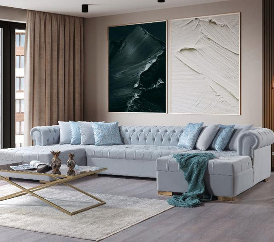 Upgrade your home with the Lauren Pearl Velvet Double Chaise Sectional. Elegant design, plush comfort & premium quality. Shop now for a timeless look!