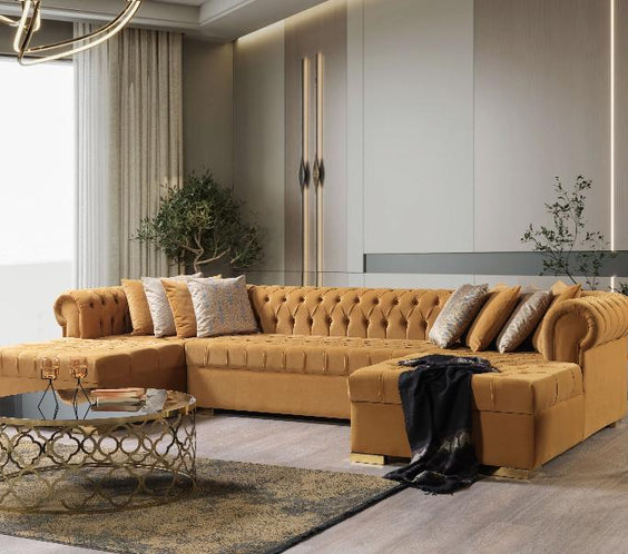 Upgrade your space with the Lauren Mustard Velvet Double Chaise 136