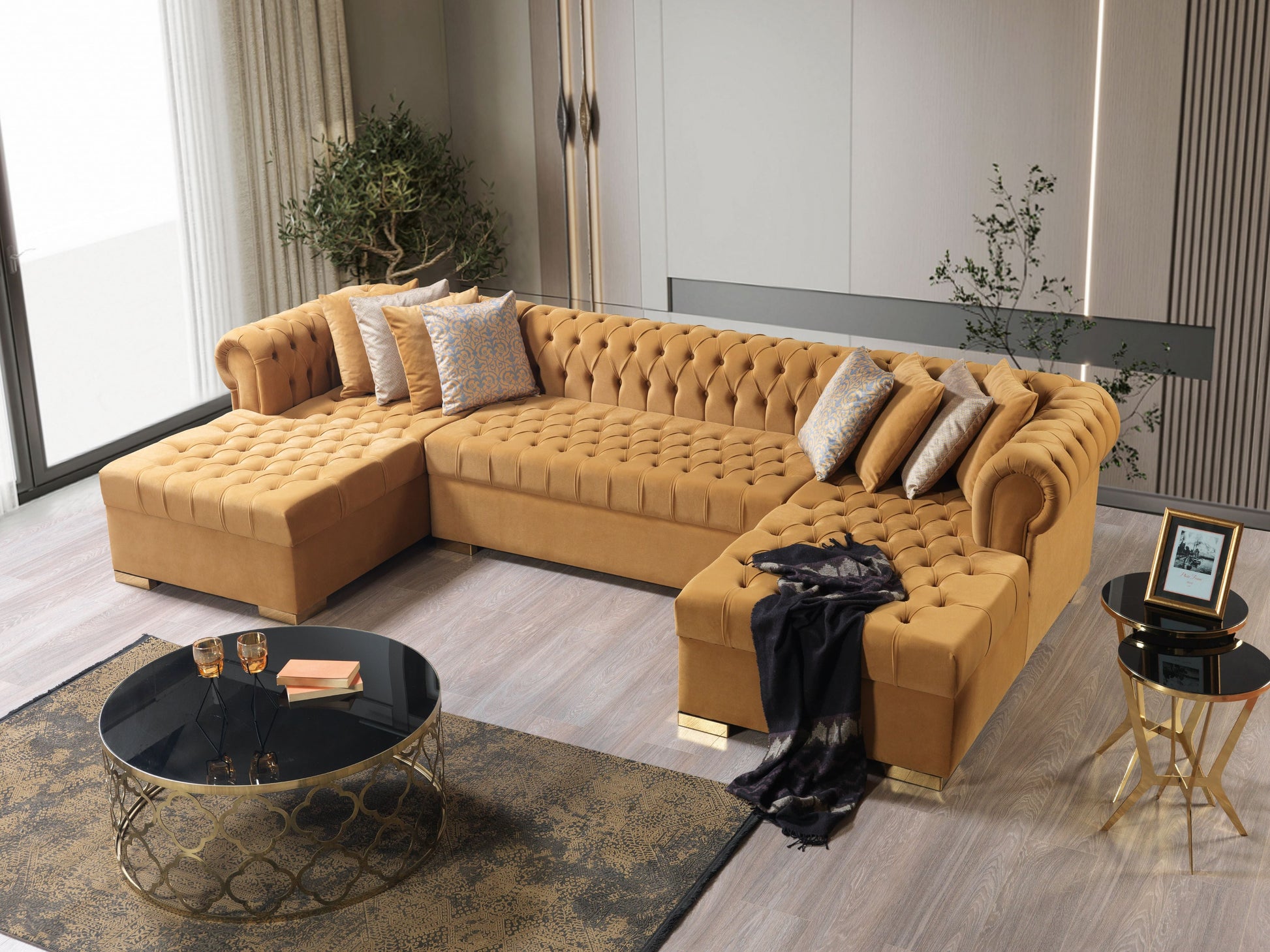 Lauren Mustard Velvet Double Chaise 136" Sectional