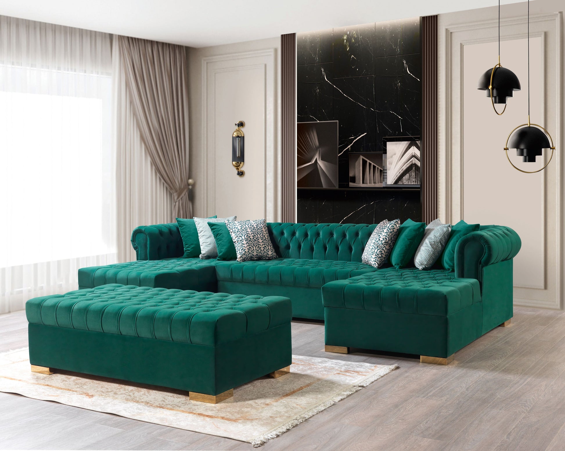 Lauren Green Velvet Double Chaise 136" Sectional