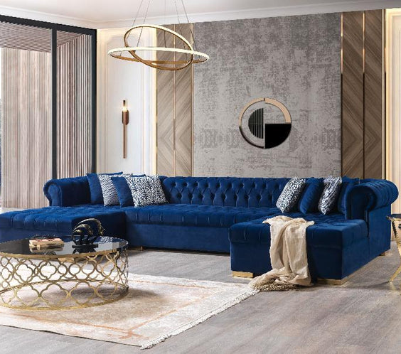 Upgrade your living space with our Lauren Navy Velvet Double Chaise Sectional. Elegant design, premium comfort & top quality. Shop now at Moda Home!