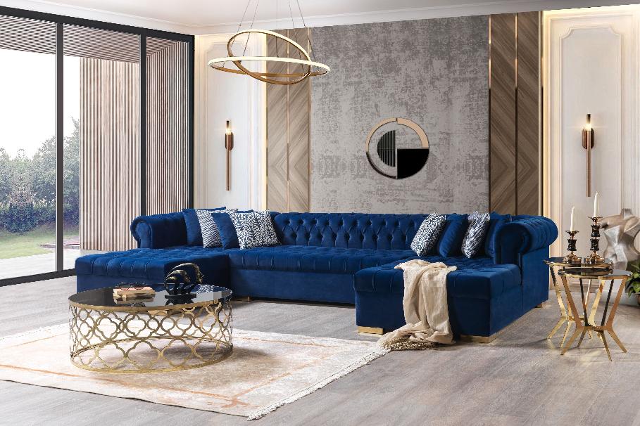 Lauren Navy Velvet Double Chaise 136" Sectional