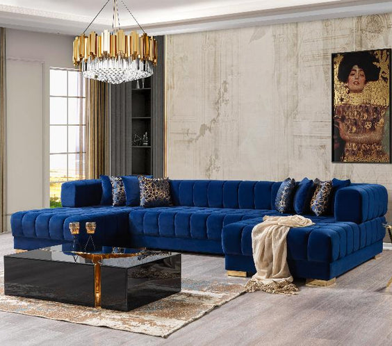 Elevate your space with the Ariana Blue Velvet Double Chaise Sectional. Luxurious comfort meets elegant design. Shop now for timeless sophistication!