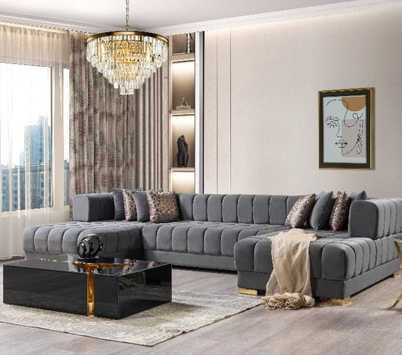 Elevate your space with the Ariana Gray Velvet Sectional. Featuring a U-shaped design, plush velvet, and deep seating for ultimate comfort and elegance.