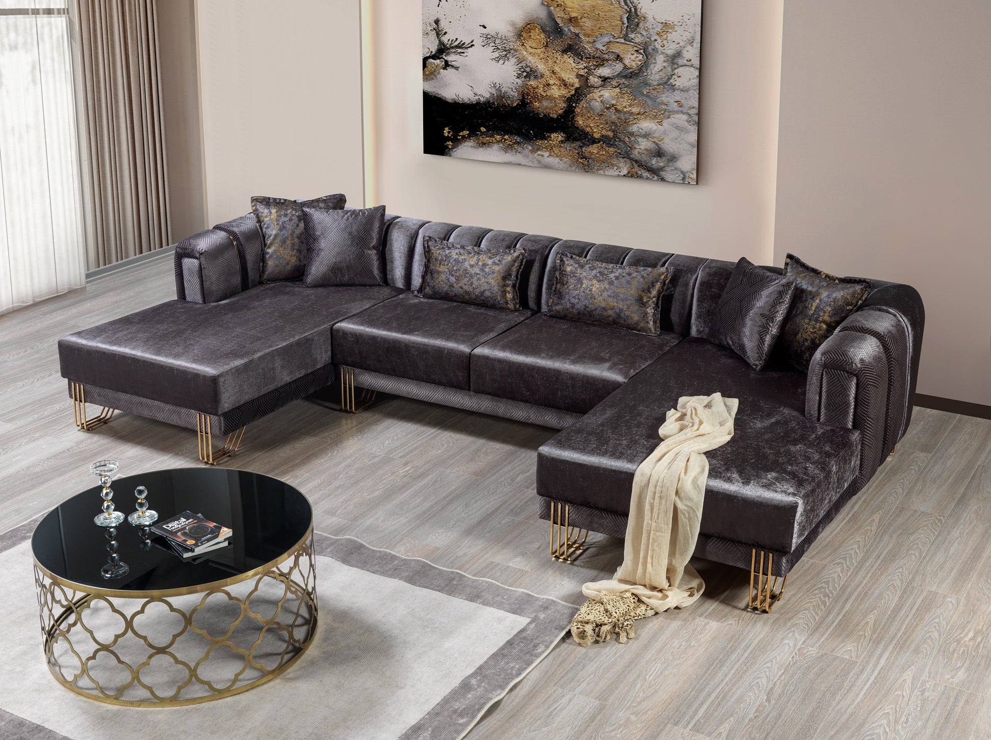 Santana Smoke Velvet Double Chaise 138" Sectional