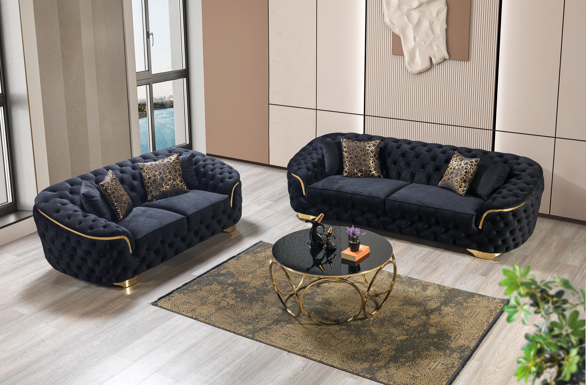 Lupino Black Velvet Sofa 95" & Loveseat 82"