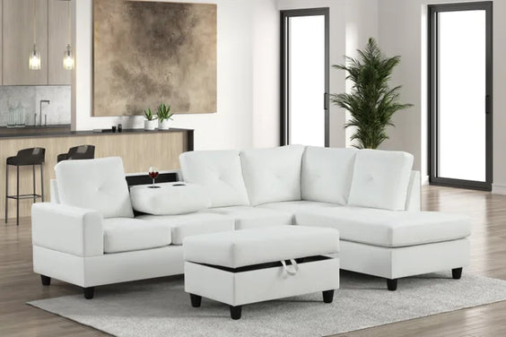 Moda Home Rocket White reversible PU sectional sofa with plush cushions