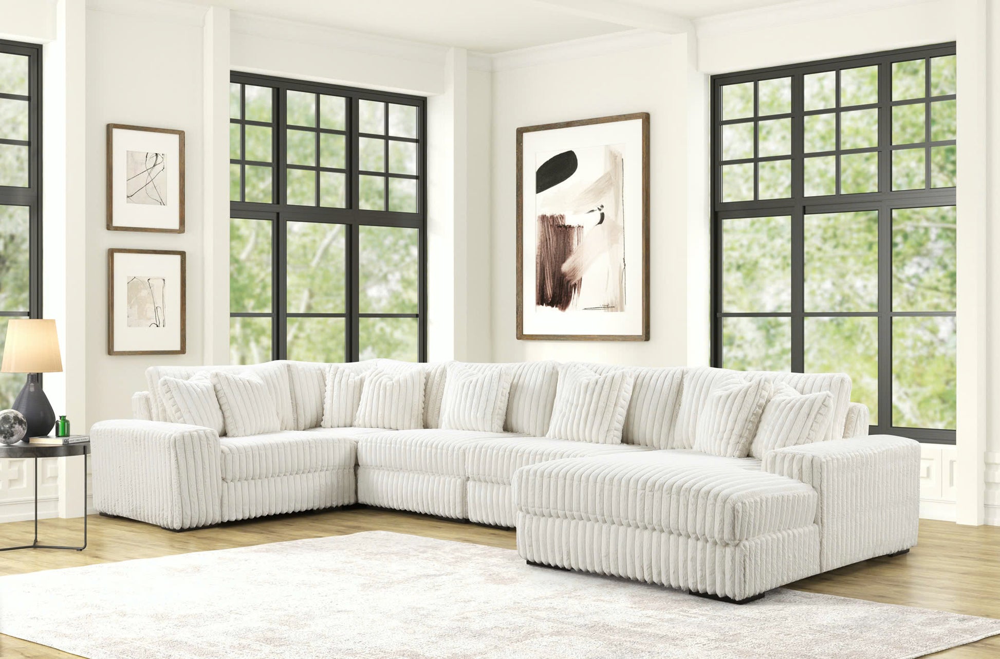SEASONS2 BEIGE 5PC sectional sofa in soft corduroy from Moda Home Furniture, featuring modular seating and neutral tone for a cozy living room setup.