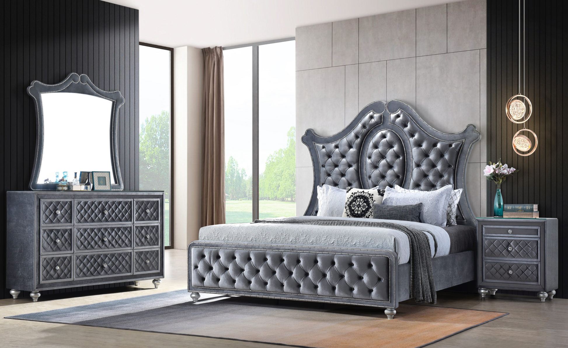 Cameo Gray Upholstered Panel Bedroom Set