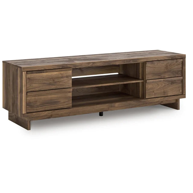 Sleek 72" TV stand with open shelves for media and décor. Perfect for large spaces. Shop now at Moda Home Furniture for stylish solutions.
