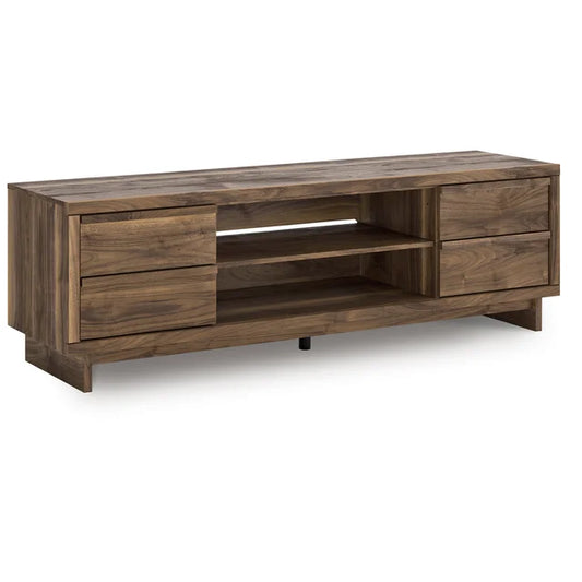 Sleek 72" TV stand with open shelves for media and décor. Perfect for large spaces. Shop now at Moda Home Furniture for stylish solutions.
