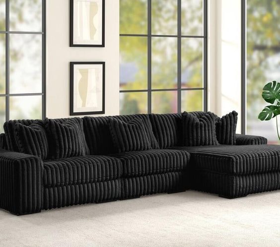 Upgrade your home with the Sunday Black 3-Piece RAF Sectional. Plush cushions, deep seating & a modern design make it perfect for comfort & entertaining.