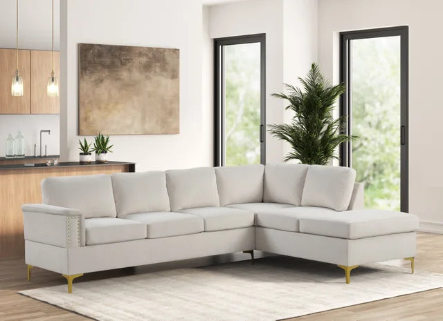 Vogue2 Cream Sectional Sofa with Velvet Upholstery and Gold Legs – Moda Home Furniture