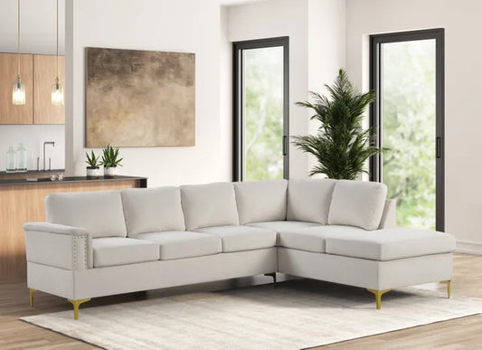 Vogue2 Cream Sectional Sofa with Velvet Upholstery and Gold Legs – Moda Home Furniture