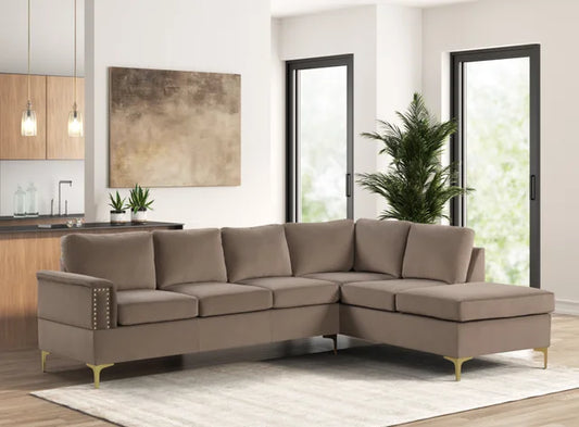 Vogue2 Latte Sectional Sofa with Velvet Upholstery and Gold Legs – Moda Home Furniture