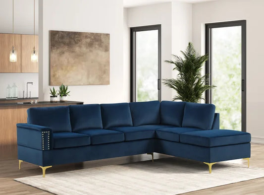 Vogue2 Navy Sectional Sofa with Velvet Upholstery and Gold Legs – Moda Home Furniture