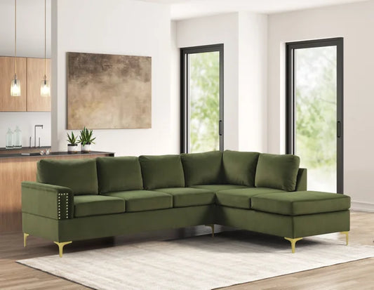 Vogue2 Olive Sectional Sofa with Velvet Upholstery and Gold Legs – Moda Home Furniture
