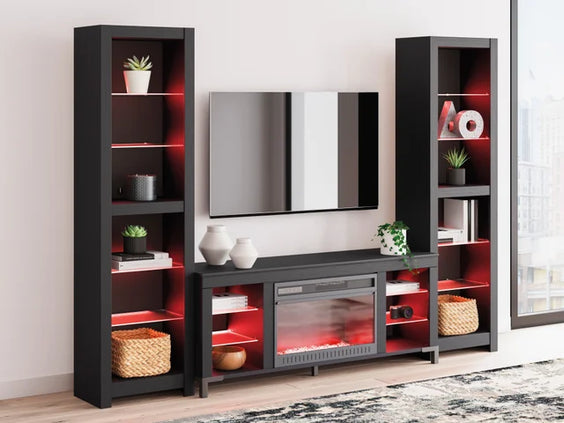Moda Home W2721 black TV stand with electric fireplace, LED lights, and glass shelves