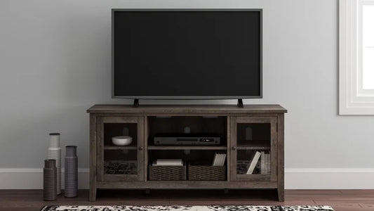 Moda Home W275-68 60-inch gray TV stand with open shelving for media storage