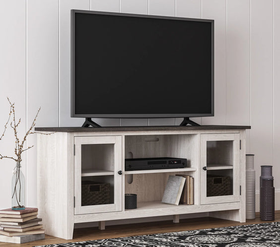 Moda Home W287-68 two-tone 60-inch TV stand with open shelving