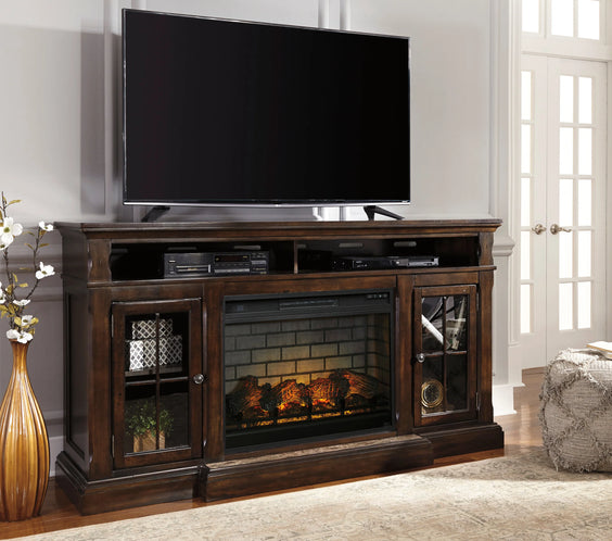 Moda Home W701-88 72-inch rustic dark brown TV stand with electric fireplace and glass-front cabinets