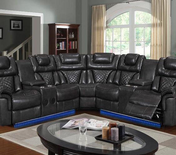 Upgrade your space with the Alexa Gray Reclining Sectional. Features 2 recliners, LED lights & Bluetooth speakers for the ultimate relaxation. Shop now!