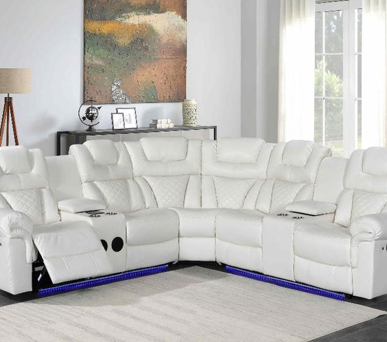 Experience luxury with the Alexa White Reclining Sectional, featuring LED lights, Bluetooth speakers, and a smartphone charging pad for modern convenience.