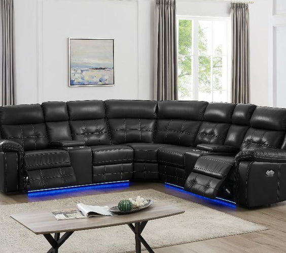 Experience luxury with the Amazon Black LED Power Reclining Sectional. Features power recliners, LED lights & USB ports. Shop now at Moda Home!
