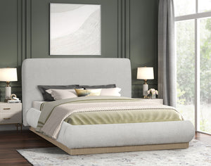 Elegant beige platform bed with modern style, sturdy support, and no box spring needed. Available in Queen & King sizes at Moda Home Furniture. Shop now!
