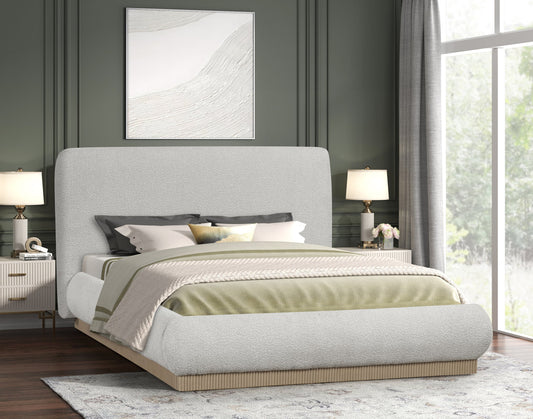 Elegant beige platform bed with modern style, sturdy support, and no box spring needed. Available in Queen & King sizes at Moda Home Furniture. Shop now!