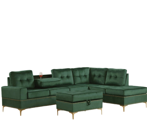 Anserra Green Reversible Sectional with Ottoman
