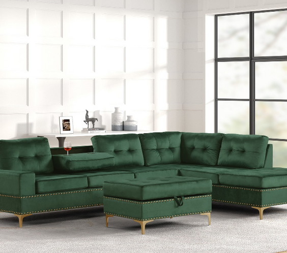 Anserra Green Reversible Sectional with Ottoman