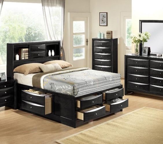 Upgrade your space with the Emily Black Storage Platform Bedroom Set from Moda Home Furniture. Stylish design with built-in storage for a clutter-free bedroom.