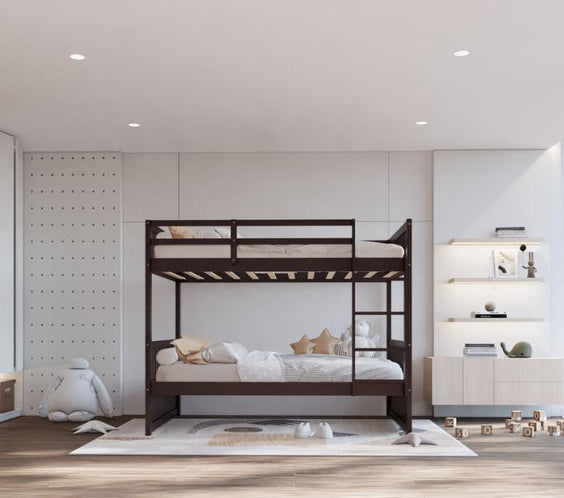 BB10 Twin/Twin Bunk Bed in rich espresso solid wood. A durable and stylish space-saving solution for kids' or guest rooms.