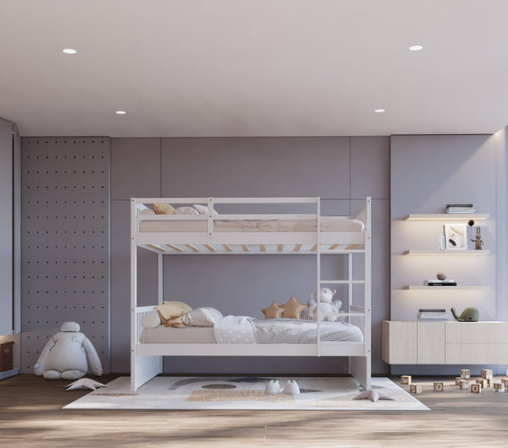BB11 Twin/Twin Bunk Bed in classic white solid wood. A sturdy, space-saving design perfect for kids' or guest rooms.