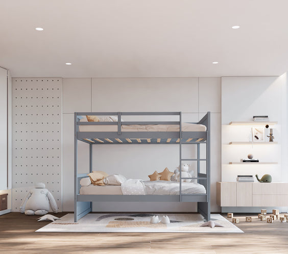 BB13 Twin/Twin Bunk Bed in sturdy gray solid wood. A stylish, space-saving solution perfect for any bedroom.