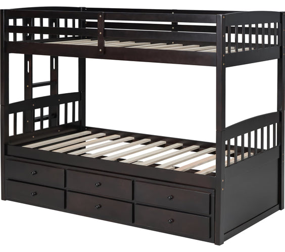 BB40 TWIN/TWIN Bunk Bed w/Twin Trundle + 3 Drawers Espresso