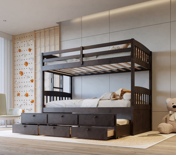 BB40 Twin/Twin Bunk Bed in espresso finish with a twin trundle & 3 storage drawers. A space-saving, stylish solution for any bedroom.