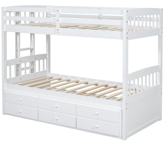 BB41 TWIN/TWIN Bunk Bed w/Twin Trundle + 3 Drawers White