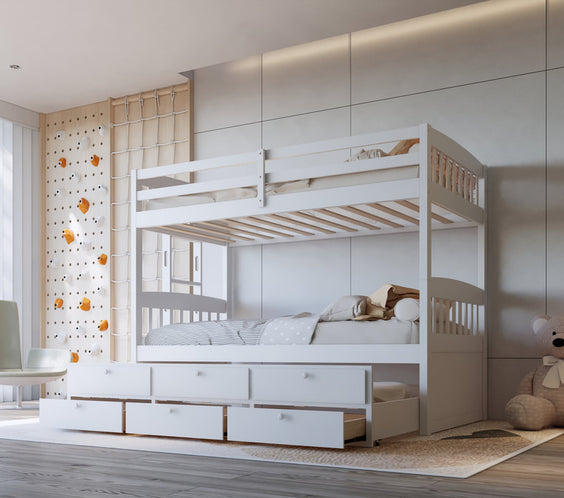 BB41 Twin/Twin Bunk Bed in a sleek white finish with a twin trundle & 3 storage drawers. A perfect blend of style and functionality for any bedroom.