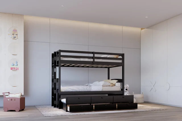 Save space in style with the BB42 black twin bunk bed featuring a trundle and 3 drawers. Ideal for shared rooms—shop now at Moda Home Furniture!
