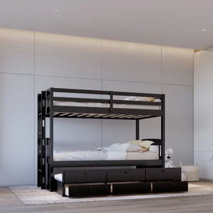 Save space in style with the BB42 black twin bunk bed featuring a trundle and 3 drawers. Ideal for shared rooms—shop now at Moda Home Furniture!