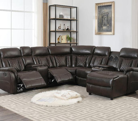 Experience luxury with the Champion Brown Reclining Sectional. Plush cushions, smooth reclining, and rich faux leather create the perfect cozy retreat.
