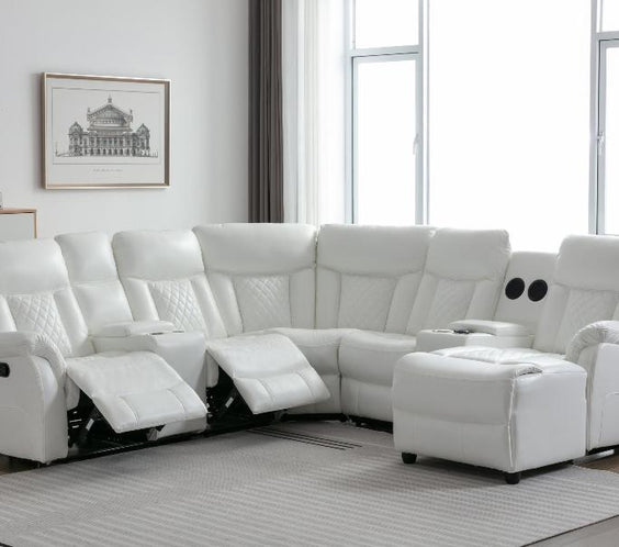 Transform your living room with Moda Home's Champion White Reclining Sectional. Sleek faux leather, plush comfort, and modern design. Shop now for luxury!