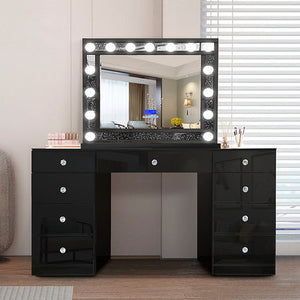 Shop A-VM06 Ella Vanity & Mirror at Moda Home. Features LED lighting, Bluetooth speakers, and a sleek black finish. Perfect for modern styling.
